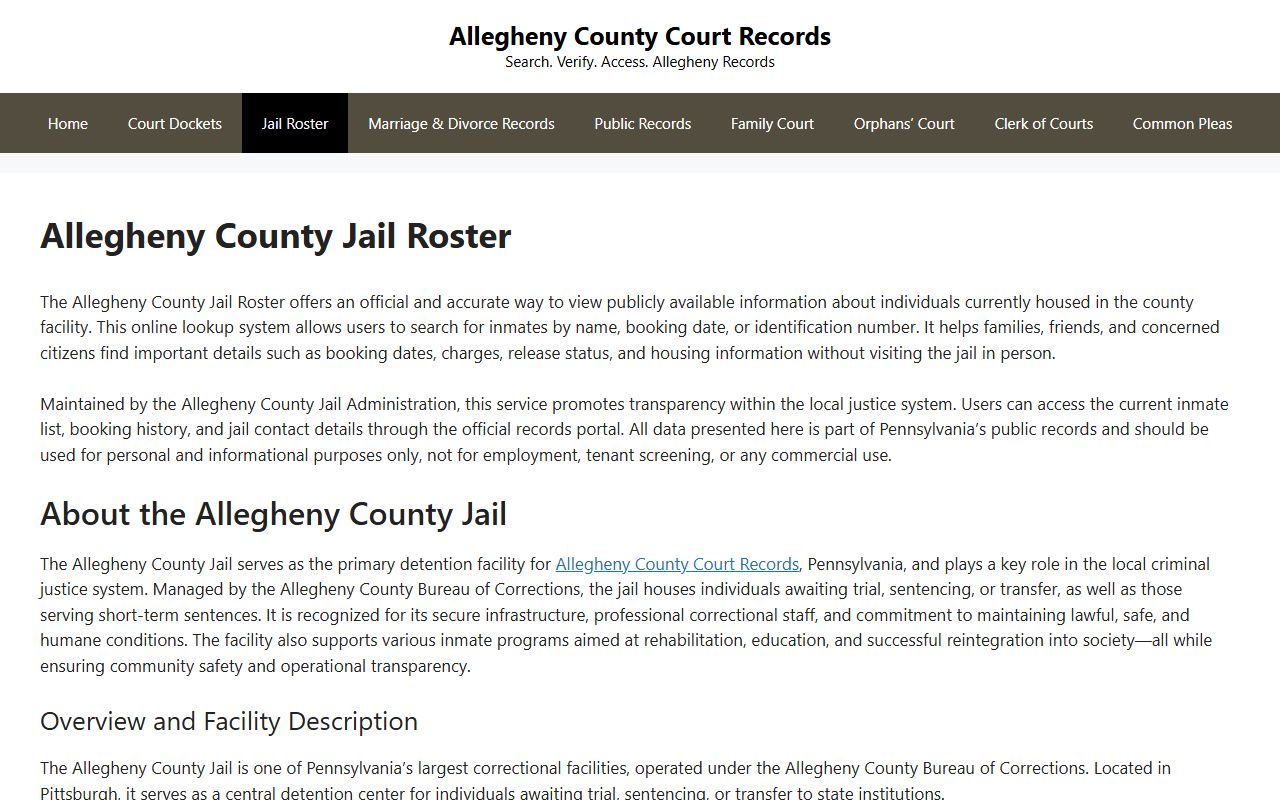 Allegheny County recent bookings jail roster search page