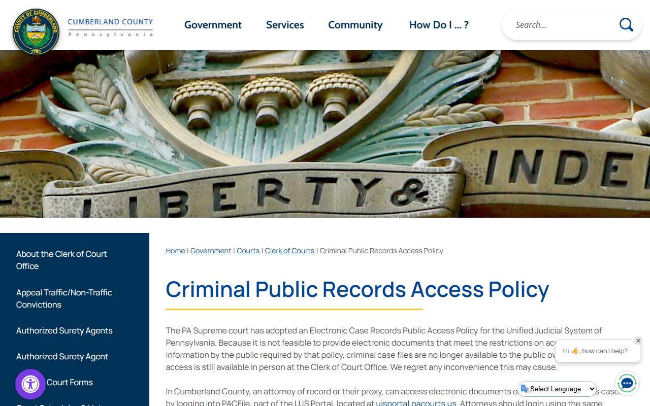 Cumberland County criminal public records access policy page for recent bookings