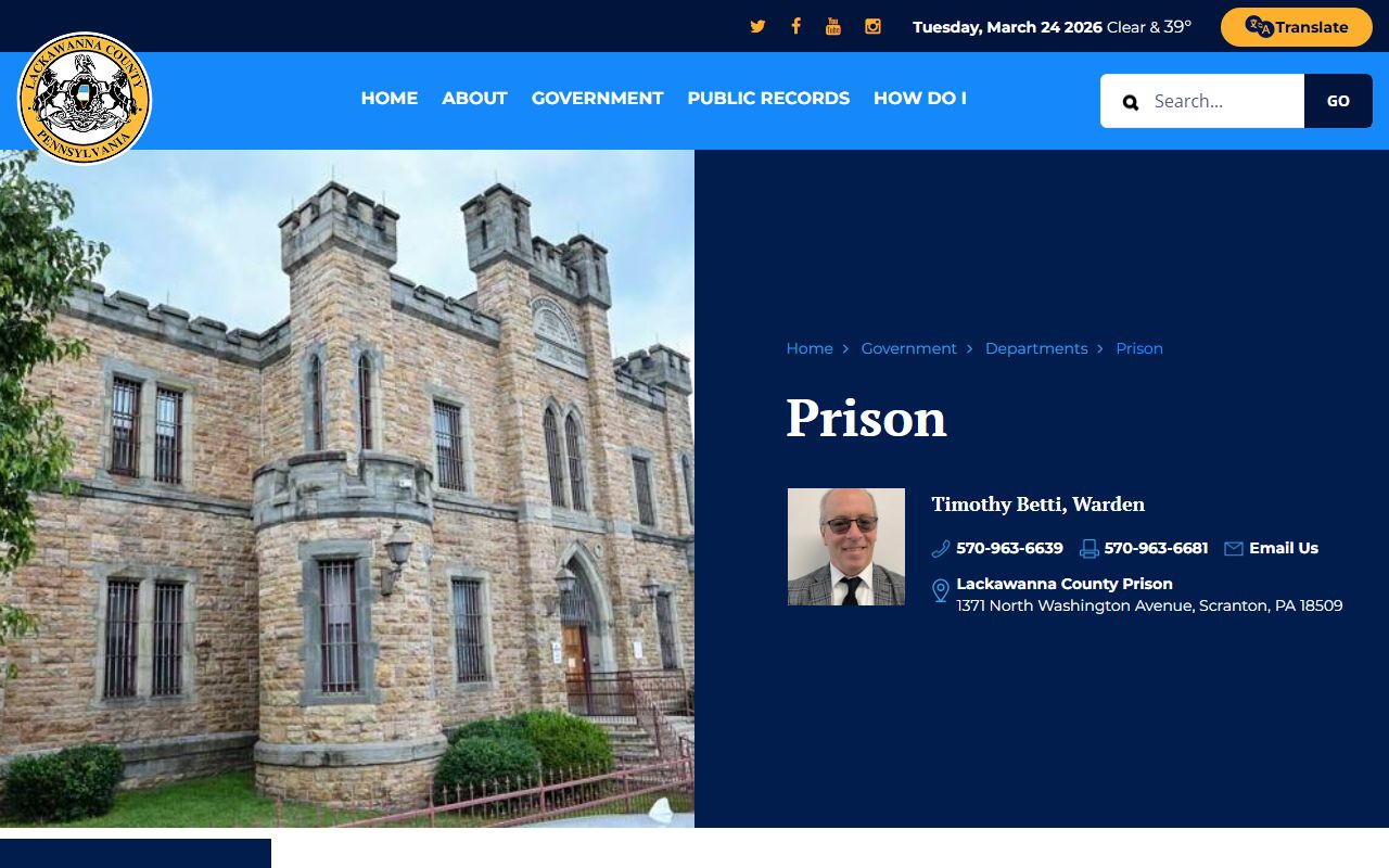 Lackawanna County Prison website for recent bookings and inmate search