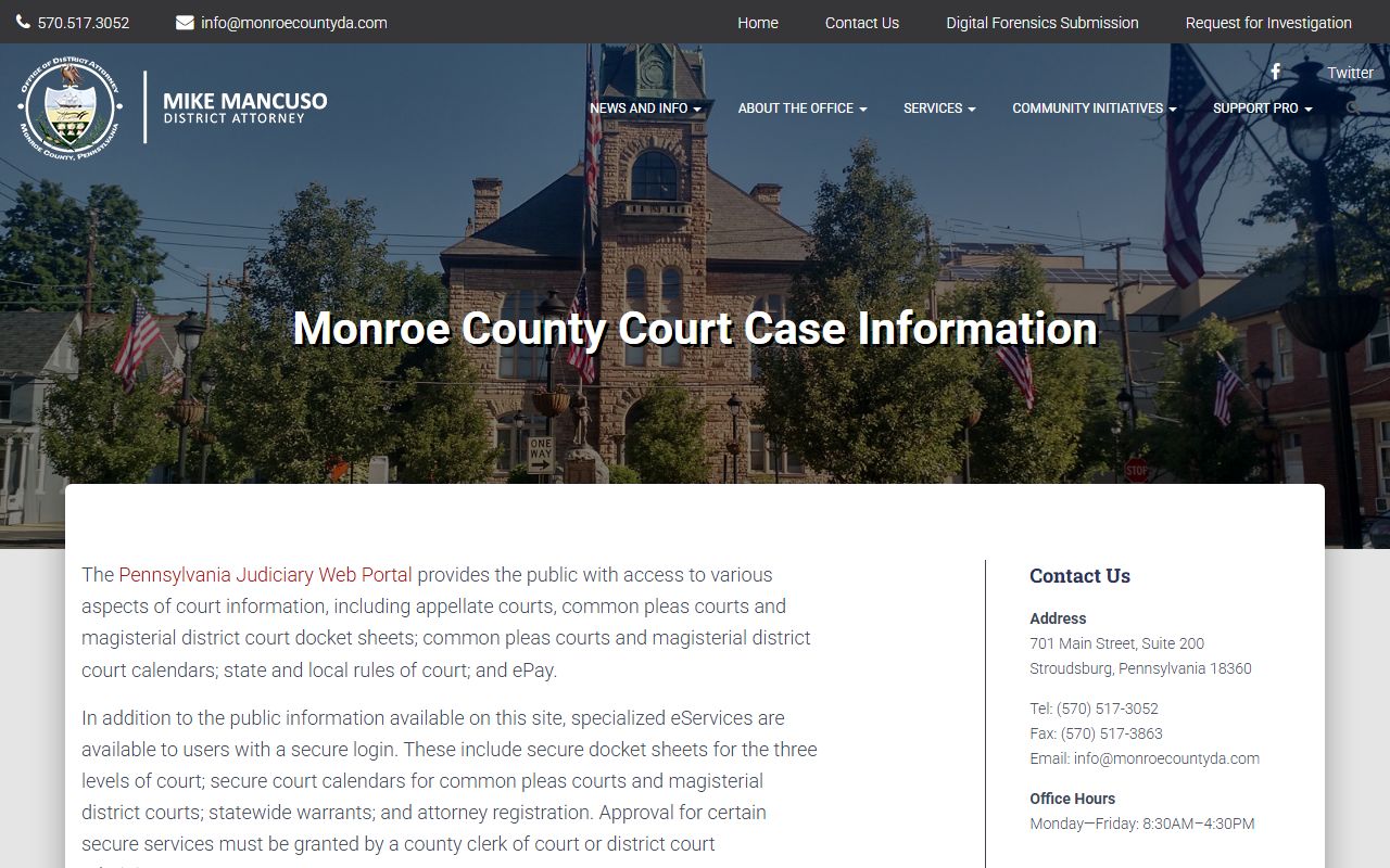 Monroe County District Attorney case information page for recent bookings
