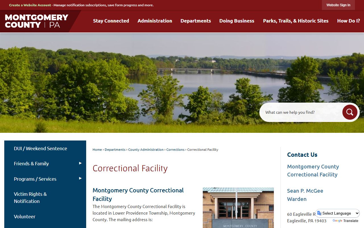 Montgomery County Correctional Facility website showing inmate locator for recent bookings