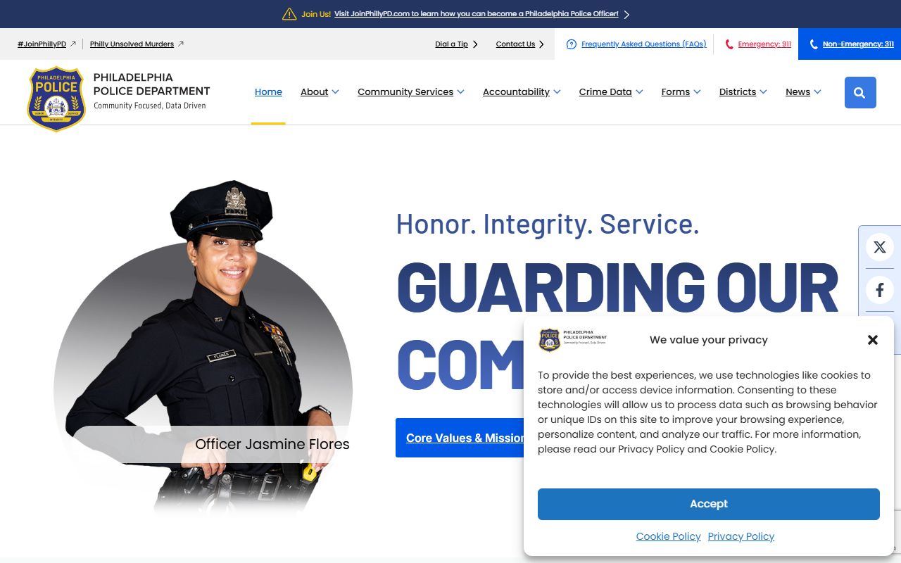 Philadelphia Police Department website for recent bookings information
