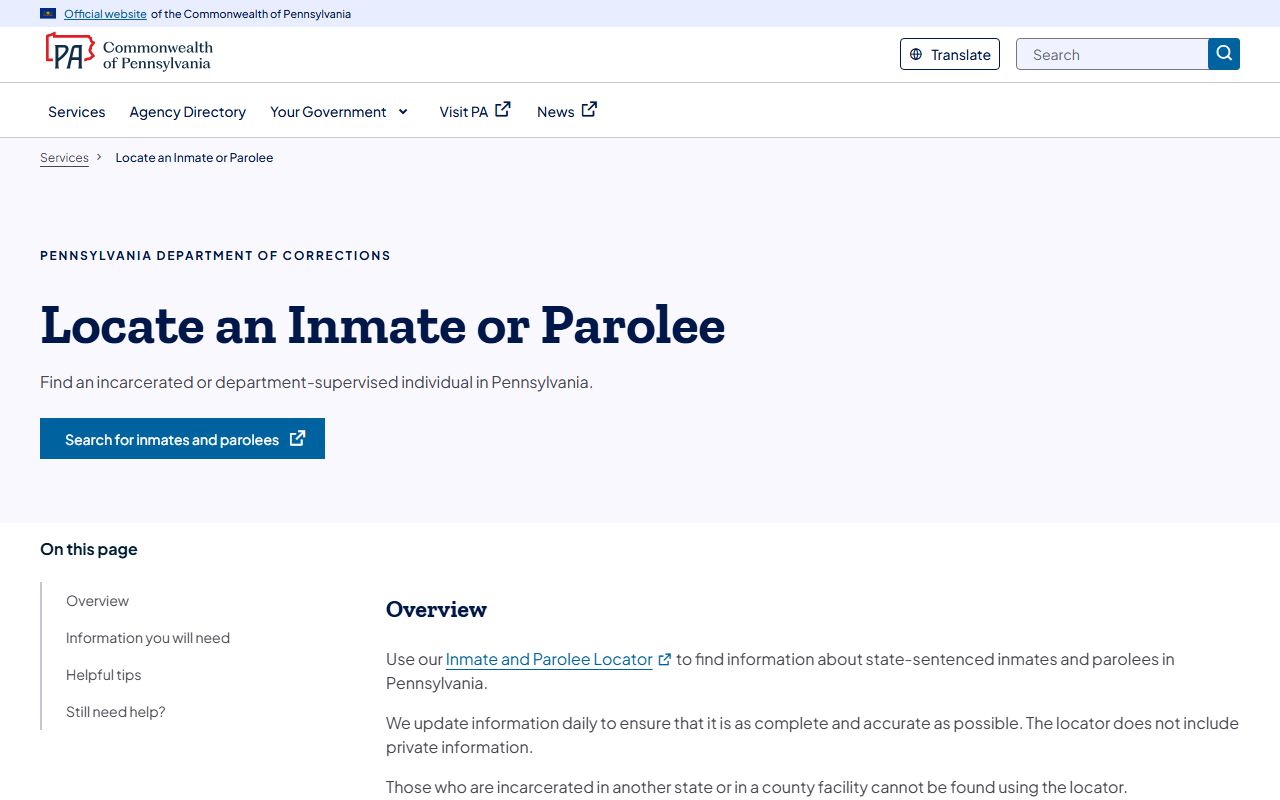 Pennsylvania DOC Inmate Locator for booking records