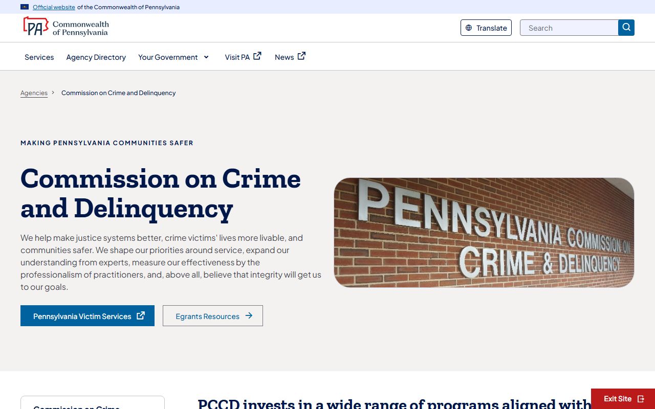 Pennsylvania PCCD homepage for criminal justice statistics