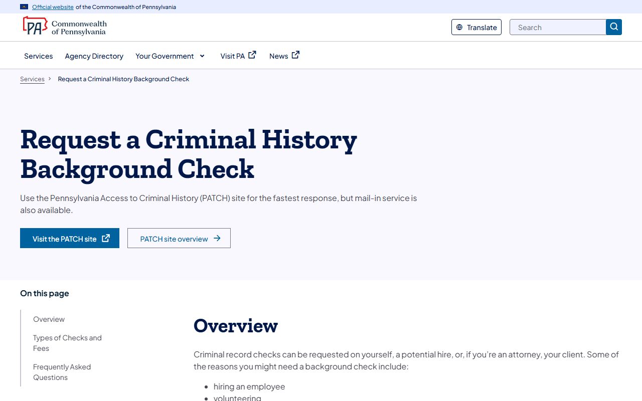 Pennsylvania State Police background check page for recent bookings records