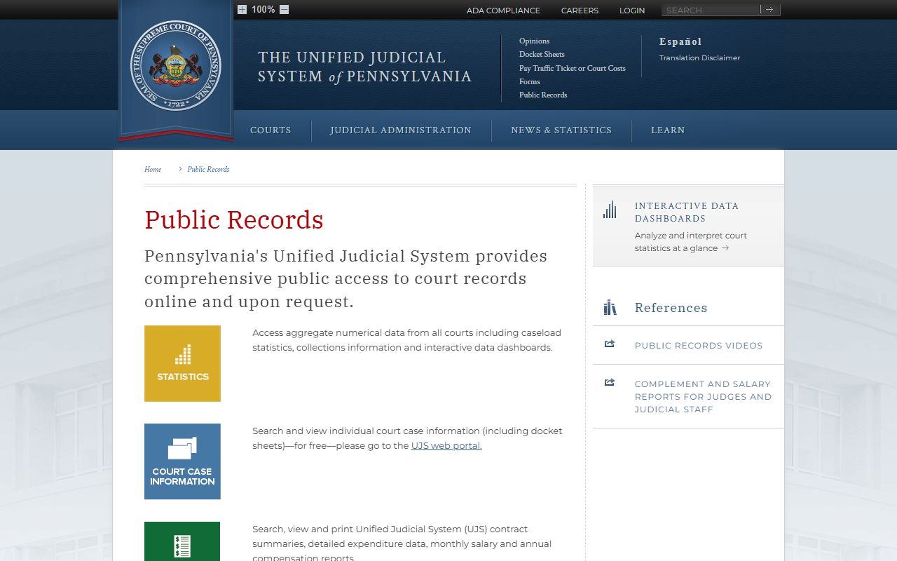 Pennsylvania Courts public records page for recent bookings access